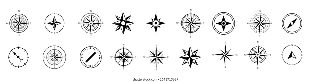 Black navigation compass icon collection. Set of abstract compass icons
