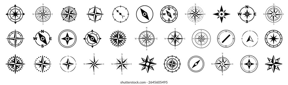 Black navigation compass icon collection. Set of abstract compass icons