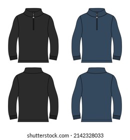 Black and navy blue Color Long sleeve with short zipper flat sketch vector illustration template Front and back views Isolated On white background.
