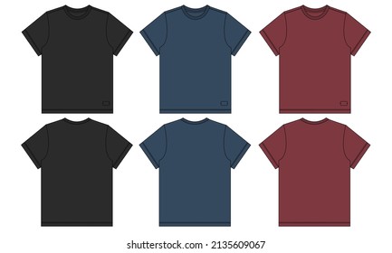 Black navy blue and red color Short sleeve Basic T shirt overall technical fashion flat sketch vector illustration template front and back views. Apparel clothing mock up for men's and boys.
