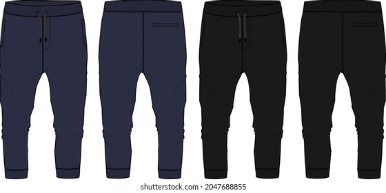 Black And Navy Color Basic Sweat Pant Technical Fashion Flat Sketch Template Front, Back Views. Apparel Fleece Cotton Jogger Pants Vector Illustration Drawing Mockup For Kids And Boys. 