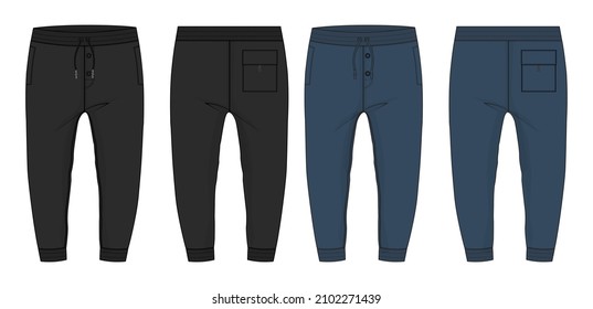 Black and navy color Basic Sweat pant technical fashion flat sketch template front, back views. Apparel Fleece Cotton jogger pants vector illustration drawing mock up for kids and boys.
