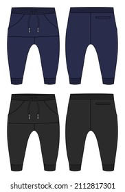 Black and navy color Basic Sweat pant technical fashion flat sketch template front, back views. Apparel Fleece Cotton jogger pants vector illustration drawing mock up for kids and boys.
