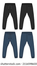 Black and navy color Basic Sweat pant technical fashion flat sketch template front, back views. Apparel Fleece Cotton jogger pants vector illustration drawing mock up for kids and boys.
