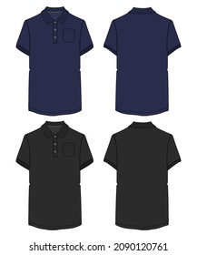Black and navy color Short sleeve Polo T shirt overall technical fashion flat sketch vector illustration template front and back views. Apparel clothing mock up for men's and boys.
