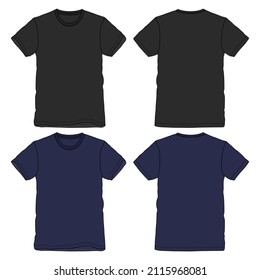 Black and navy color Short sleeve Basic T shirt overall technical fashion flat sketch vector illustration template front and back views. Apparel clothing mock up for men's and boys.
