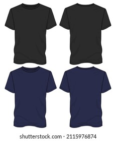 Black and navy color Short sleeve Basic T shirt overall technical fashion flat sketch vector illustration template front and back views. Apparel clothing mock up for men's and boys.
