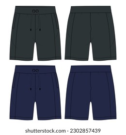 Black and navy color Sweat shorts pant vector illustration template front and back views isolated on white background