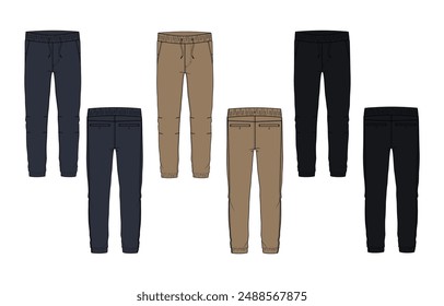 Black, navy and khaki color Jogger Sweatpants technical drawing fashion flat sketch vector illustration template front and back views 