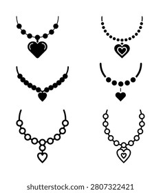 Black Necklace Silhouette Vector Set Elegant Jewelry Icons Diamond Choker Collection Fashion Pendant Clip art Bridal Wedding Accessories Gemstone Bead Chain Ornaments Luxury Female Deco Graphic