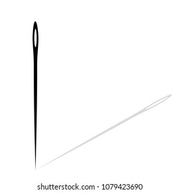 Black needle with shadow on white isolated background. Vector needle icon for hand sewing, sewing needle.