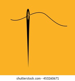 Black needle and thread icon vector illustration. Yellow background
