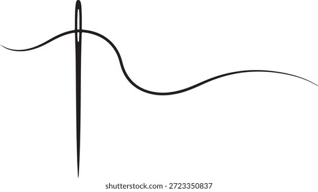 Agulha preta com linha costurando fundo branco