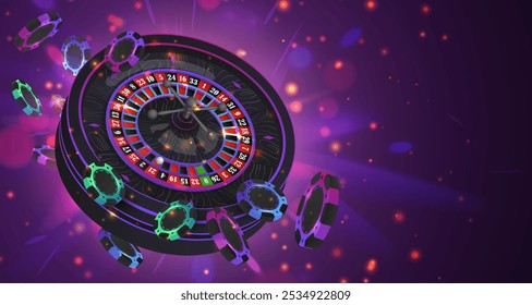 Rueda de ruleta de casino de neón negro sobre fondo oscuro con reflejo. Fichas de póker verdes, azules, moradas, fichas. Ilustración vectorial para casino, diseño de juegos, publicidad