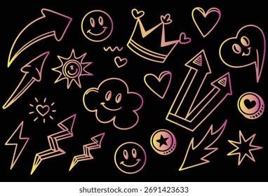 Black Neon Cloud and Lightning Seamless Doodle Pattern with Smiley Icons	