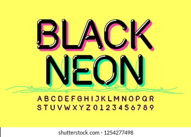 Black Neon font design, alphabet letters and numbers vector illustration