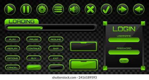 Botones y paneles de interfaz de menú de juego verde negro y neón Elementos de interfaz de usuario configurados para diseños de interfaz de usuario de juego