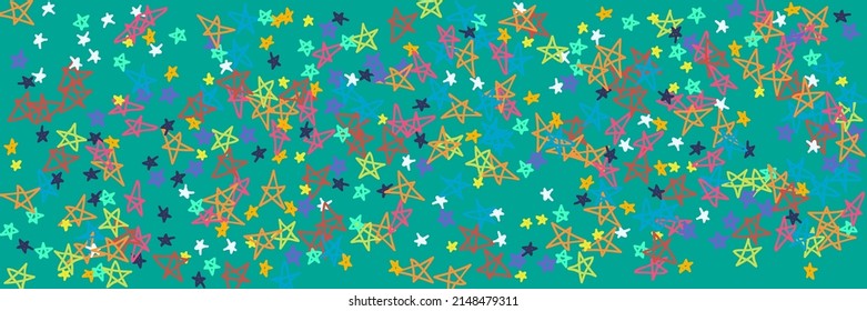 Black Neon Green Turquoise Childish Vivid Mint Handdrawn Stars. Kids Orange Pastel Chaotic Naive Vibrant Yellow Acid Wallpaper. Bright Blue Purple Grey Violet Stars Pastel Illustration.