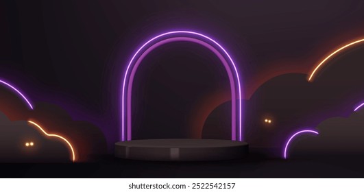 Schwarzes Neonpodium für Halloween mit leuchtend violetten Lichtern auf dunklem Hintergrund. Zylindrische flache 3D-Plattform. Vektorgrafik