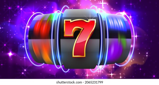 Black Neon Slotmaschine gewinnt den Jackpot. Cosmos Casino. 777 Big win Konzept. Vektorgrafik