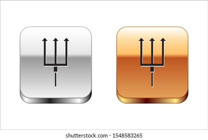 Black Neptune Trident icon isolated on white background. Silver-gold square button. Vector Illustration