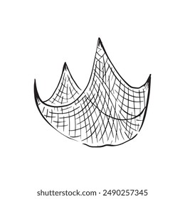 A black net held up with four points. A fishing net, trawler ship, fishing for salmon, trout. Fish farming, unsustainable fishing.