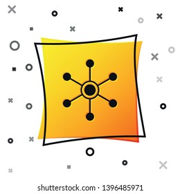 Black Network icon isolated on white background. Global network connection. Global technology or social network. Connecting dots and lines. Yellow square button. Vector Illustration