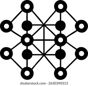 Black neural network grid icon with transparency for digital technology designs