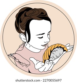 black and neutral colored vector sketch illustration of a girl eating sushi in a circular shape