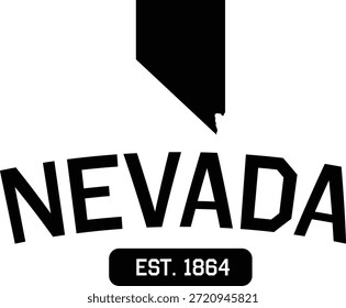 Mapa do estado de Nevada negro e ilustração vetorial de tipografia varsity. Ícone regional minimalista com "NEVADA EST. 1864" em uma fonte colegial e estética plana em negrito isolado no fundo branco. Gráficos profissionais para marcas de viagem, vestuário de recordação e corte de vinil.