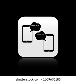 Black New chat messages notification on phone icon isolated on black background. Smartphone chatting sms messages speech bubbles. Silver square button. Vector Illustration
