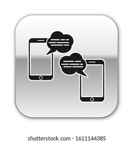 Black New chat messages notification on phone icon isolated on white background. Smartphone chatting sms messages speech bubbles. Silver square button. Vector Illustration