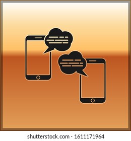 Black New chat messages notification on phone icon isolated on gold background. Smartphone chatting sms messages speech bubbles.  Vector Illustration