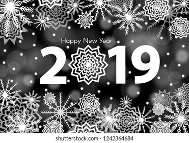 Black New Year 2019 concept. Falling snow background with flares and sparkles.  Snowflakes abstract. Winter thunder. Vector illustration