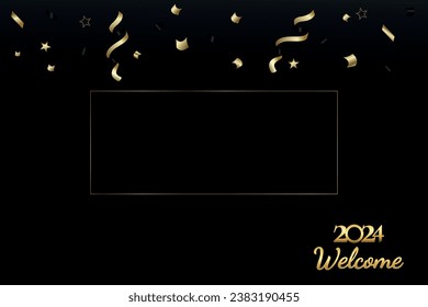 Antecedentes de Año Nuevo Negro con serpentina y estrellas. Feliz año nuevo 2024 tarjeta de felicitación, con inscripción de oro y lugar para tu texto. Concepto de Año Nuevo 2024. Ilustración vectorial.