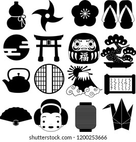 Black New Year's Japanese style icon set