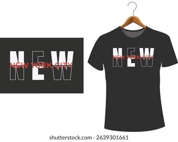 Black new york city t-shirt design mockup hanging on a wooden hanger with text