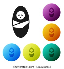 Black Newborn baby infant swaddled or swaddling icon isolated on white background. Baby kid child wrapped in blanket clothes. Set icons colorful circle buttons. Vector Illustration