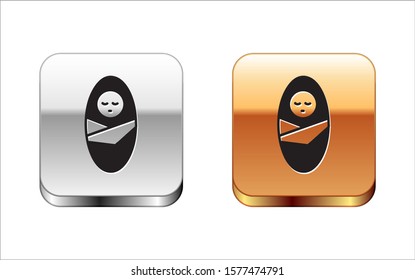 Black Newborn baby infant swaddled or swaddling icon isolated on white background. Baby kid child wrapped in blanket clothes. Silver-gold square button. Vector Illustration