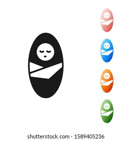 Black Newborn baby infant swaddled or swaddling icon isolated on white background. Baby kid child wrapped in blanket clothes. Set icons colorful. Vector Illustration