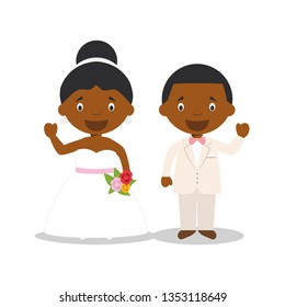 Black Newlywed Couple In Cartoon Style Vector Illustration