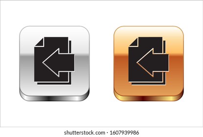 Black Next page arrow icon isolated on white background. Document file with arrow. Send document. Silver-gold square button. Vector Illustration