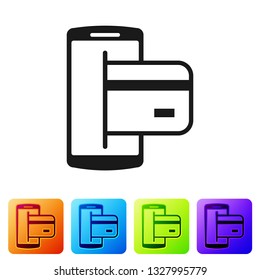Black NFC Payment icon isolated on white background. Mobile payment. NFC smartphone concept. Transfer icon. Set icon in color square buttons. Vector Illustration