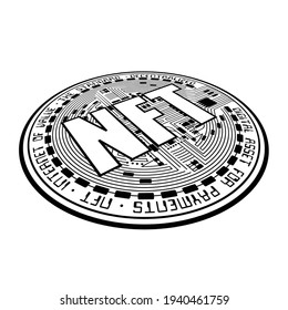 Black NFT cryptocurrency coin silhouette. Non fungible coin isometric abstract silhouette isolated on white background