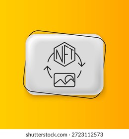 Negro NFT Digital icono de arte criptográfico aislado en fondo amarillo. Token no fungible. Botón rectángulo plateado. Vector