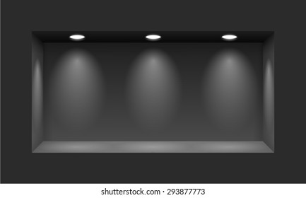 Black niche for presentations with three light lamps