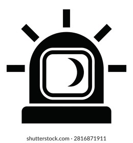 Black night mode icon featuring a crescent moon inside a glowing alarm light shape. Minimalist UI symbol for dark themes, sleep settings, or nocturnal app features.