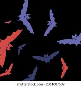 Black Night Motion Attack Wallpaper. Sky Colorful Red Creepy Halloween Modern Design. Purple Gothic Spooky Scary Art Flying Bats Fabrics. Pink Chaos Retro Eyes Print Bats Vector Background.