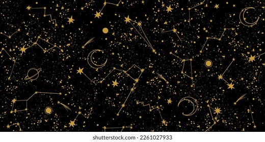 Black night sky with constellations seamless pattern for tarot. Template for astrology, natal chart, yoga. Boho banner with place for text, vector background for horoscope design.