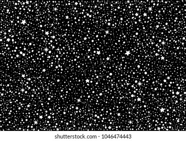 Black Night Sky with Hand Drawn White Stars and Dots. Vector Seamless Pattern. Endless Space Background.